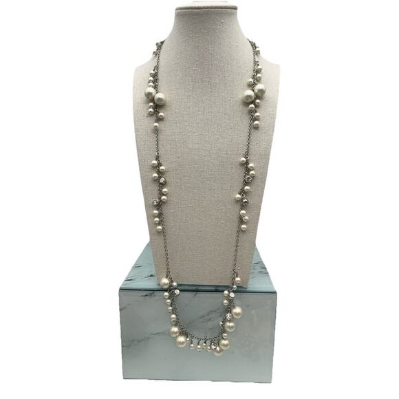 Silver Tone Faux Pearl And Clear Rhinestone Necklace - Picture 1 of 5